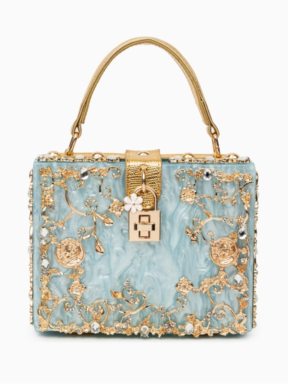 Aqua Mini Top-Handle Evening Bag with Gold Accents